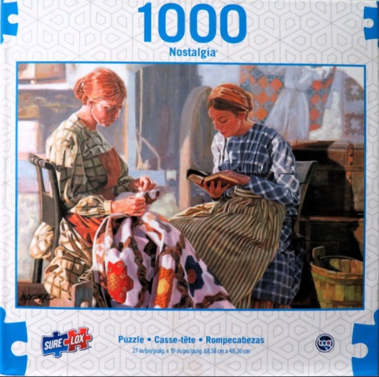 An oil painting of two women in 19th-century clothing, one sewing a quilt and the other reading a book.
