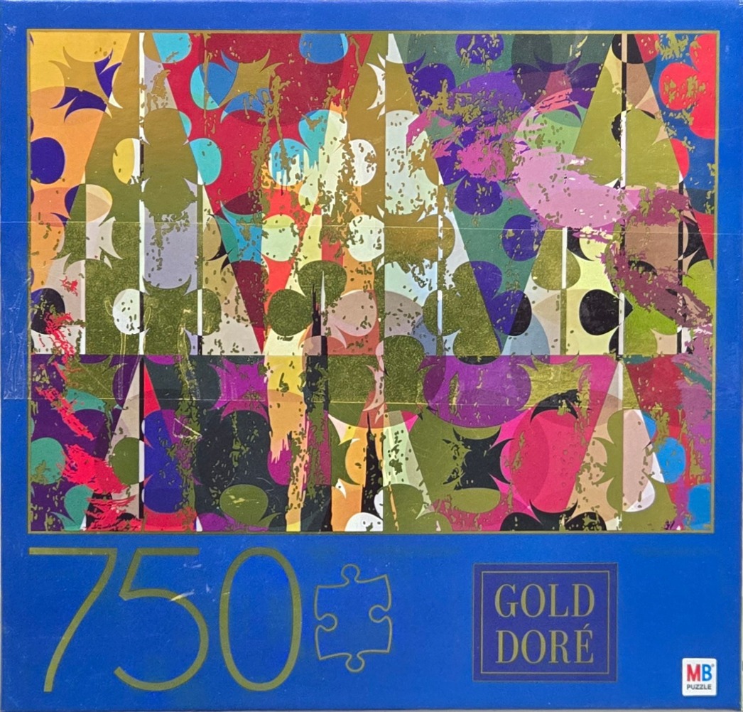 Abstract art with repeating card suit shapes and distressed gold leaf texture