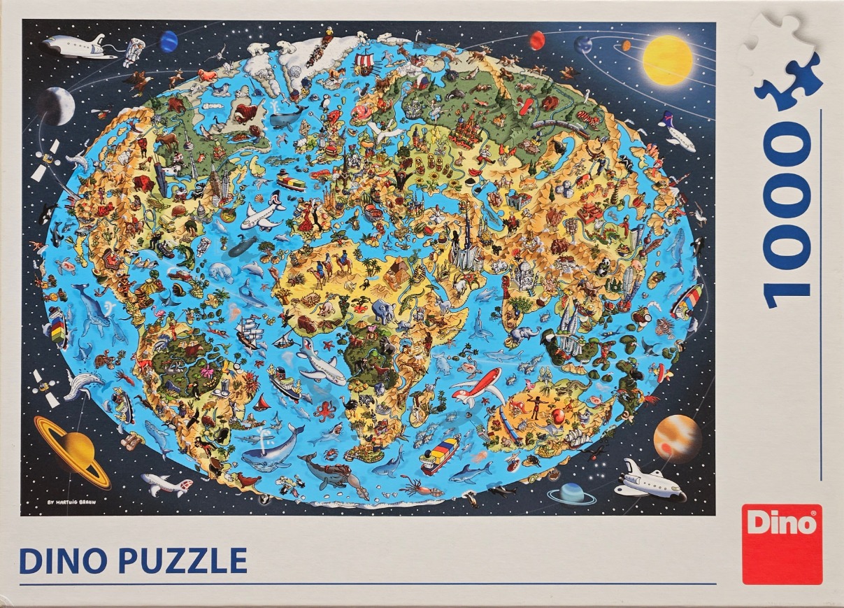 An illustrated, whimsical world map featuring landmarks, animals, and space travel elements against a starry background.