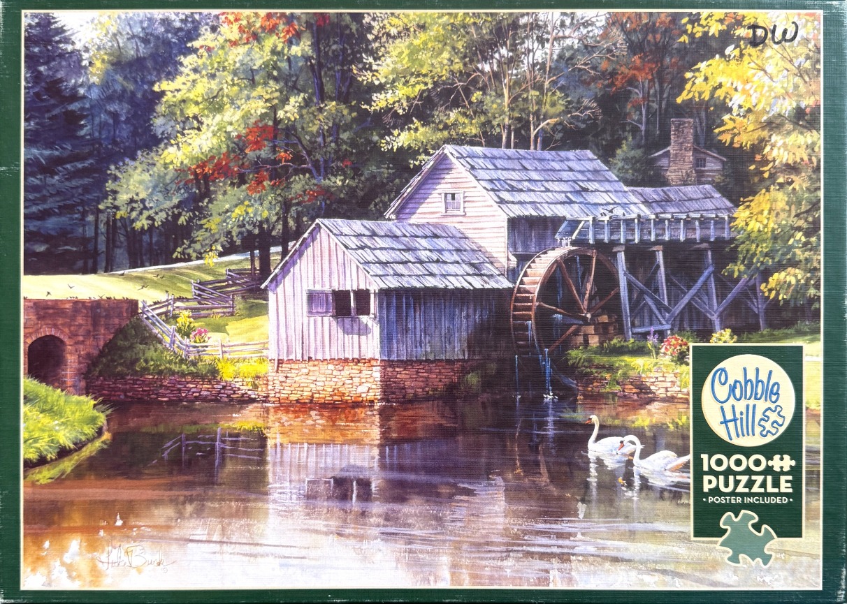 An oil painting of a rustic wooden watermill with a mill wheel next to a calm stream with two white swans.