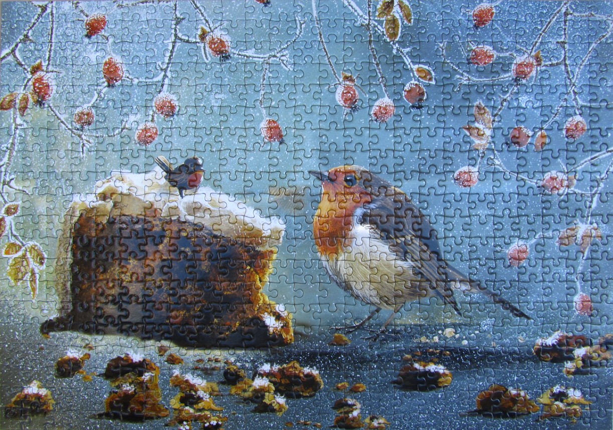 A robin stands on a snowy surface beside a large slice of fruitcake under rosehip branches.