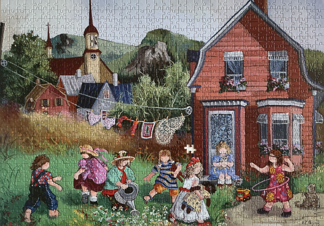 A nostalgic painting of children playing in a rural village setting with a large red house and a church in the background.
