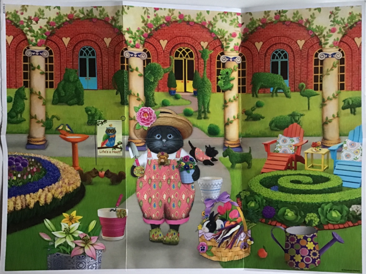 A whimsical illustration of a black cat in gardening clothes standing in a vibrant, hedge-filled garden courtyard.