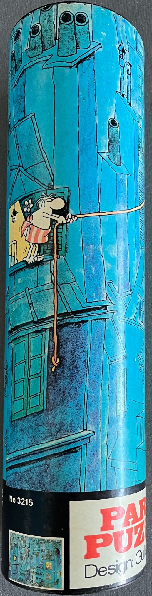 Cartoon character pulling a rope from a window against a blue cityscape of chimneys and rooftops