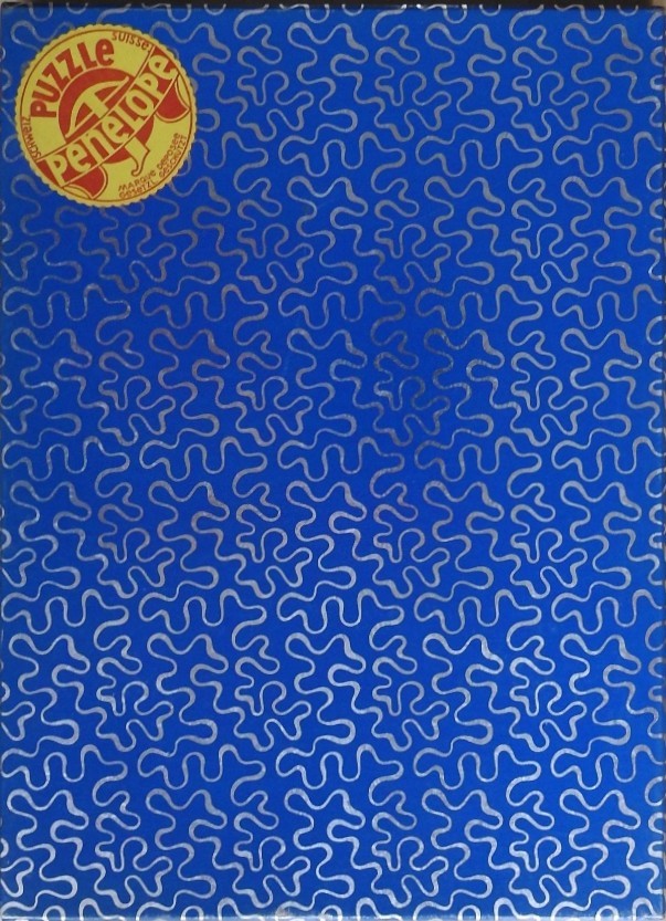 Abstract pattern of silver wavy lines on a vibrant blue background.