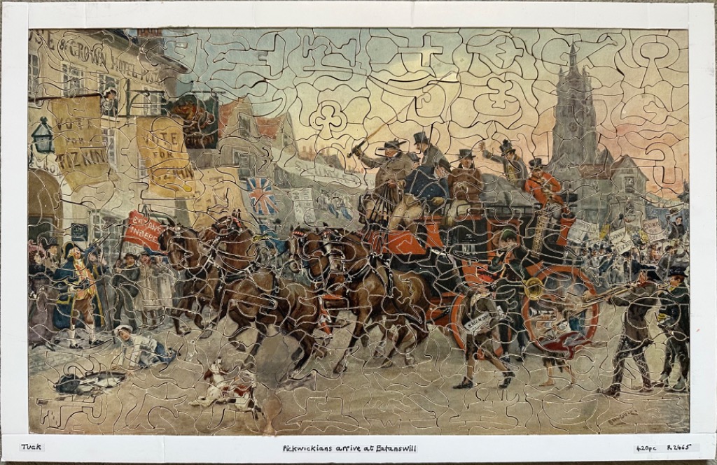 An illustration of a crowded 19th-century English street scene with a horse-drawn carriage arriving amidst election fever.