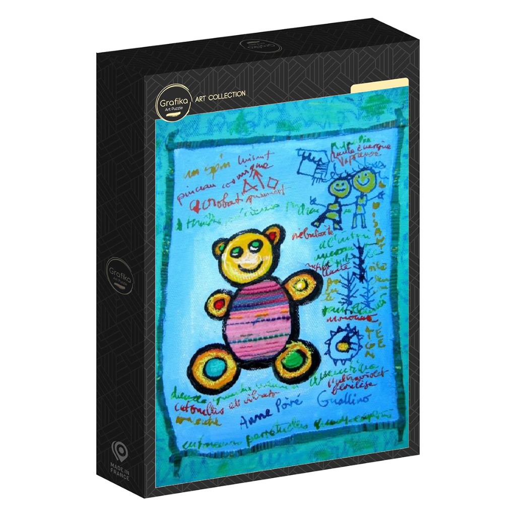 Naive-style painting of a colorful teddy bear surrounded by handwritten text and small doodles on a blue background.