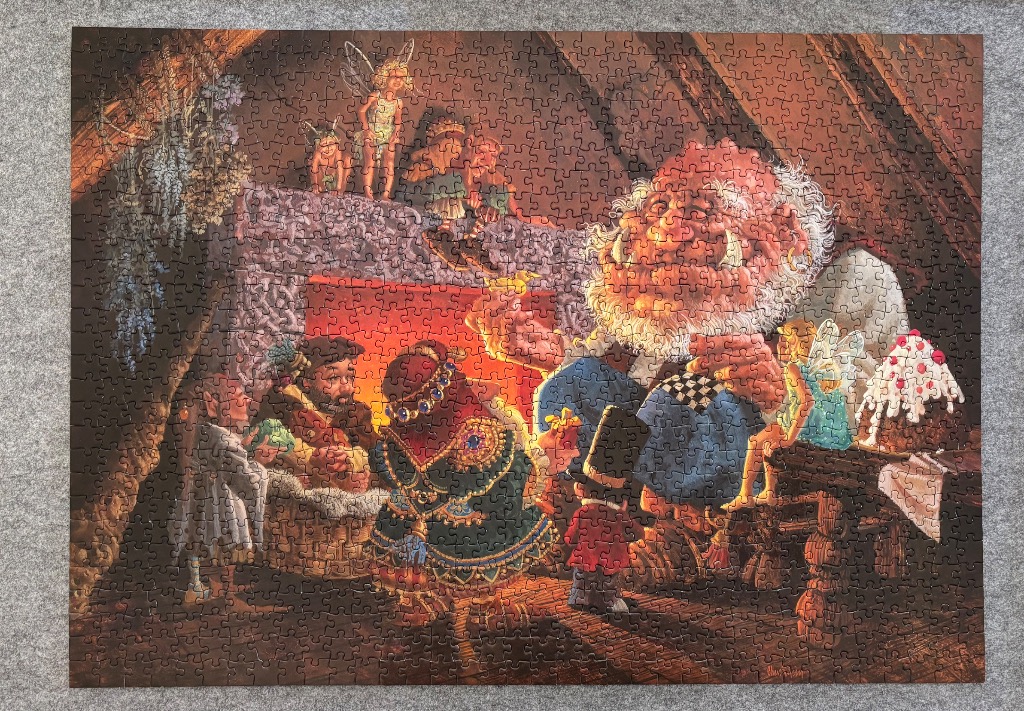 Fantasy illustration of a large troll and small magical creatures gathered around a glowing fireplace.
