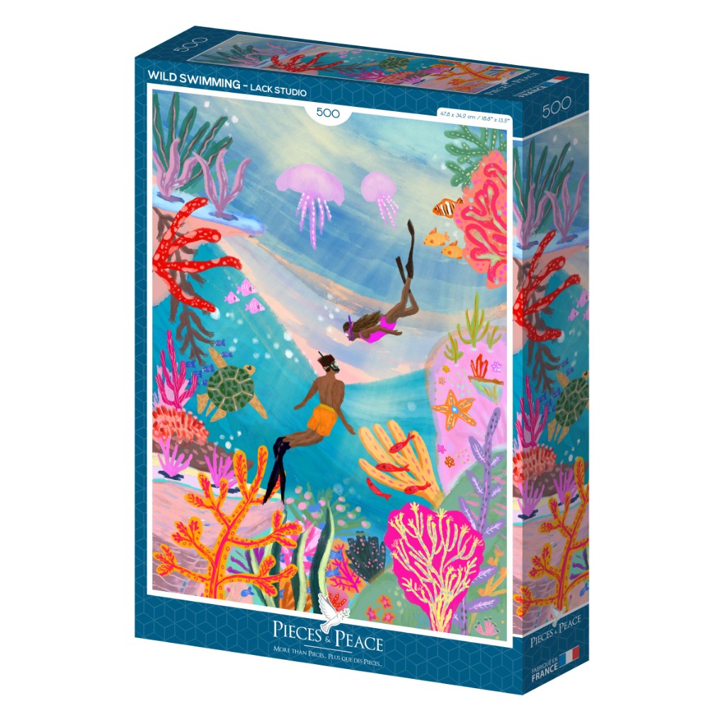 Illustrated scene of two people snorkeling over a colorful coral reef with sea turtles and jellyfish.