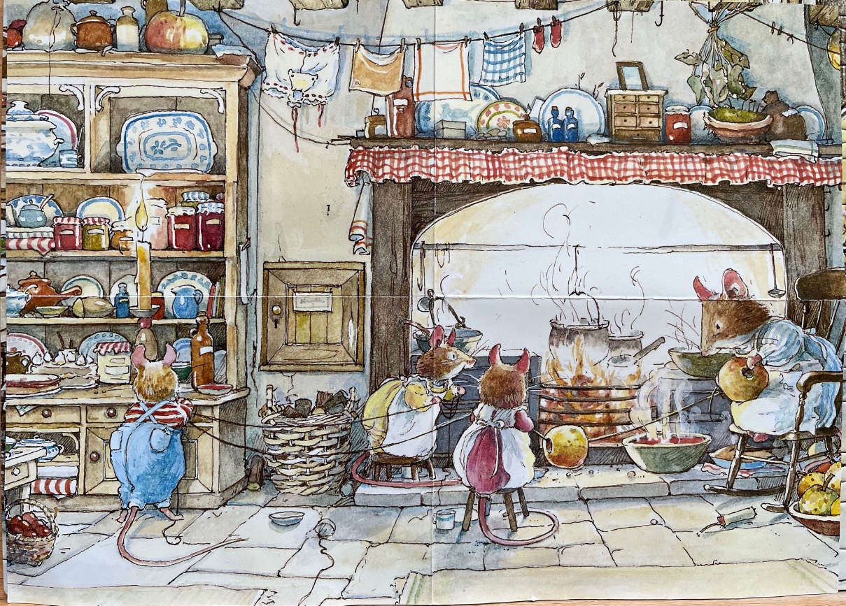 A cozy watercolor illustration of anthropomorphic mice cooking in an old-fashioned rustic kitchen hearth.