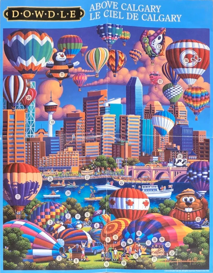 A colorful folk-art scene of Calgary with a skyline filled with hot air balloons over a river.