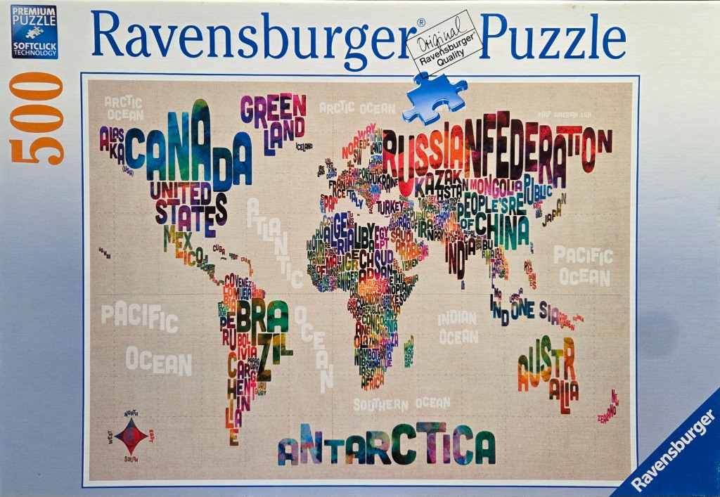 A typographical world map where country names are arranged to form the shapes of continents on a textured grid background.