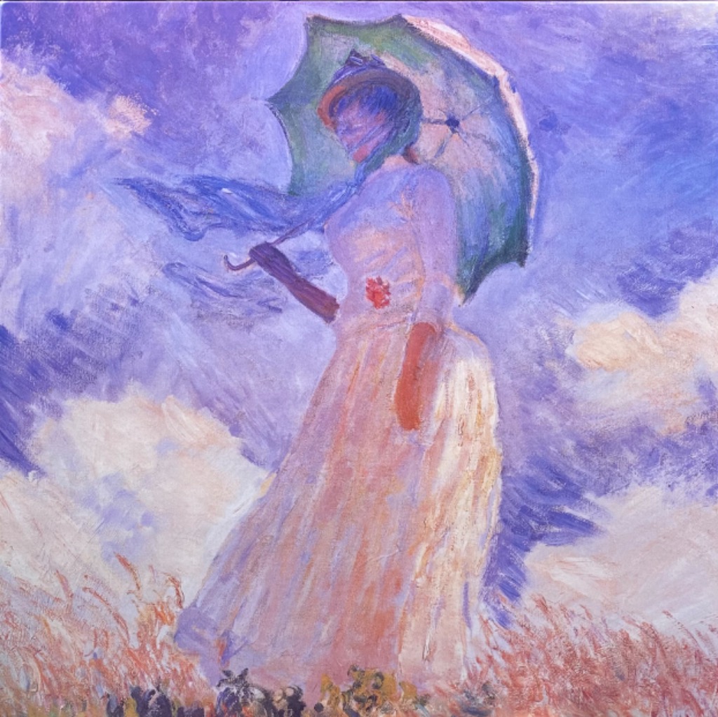 An impressionist painting of a woman in a white dress standing in a field holding a parasol under a cloudy sky.