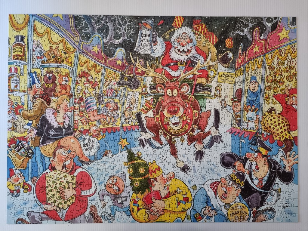 Whimsical cartoon Christmas scene with Santa, reindeer, and shoppers. Bright colors, humorous style.