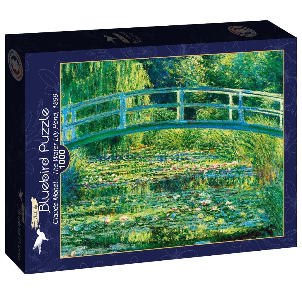 An impressionist painting by Claude Monet depicting a Japanese-style bridge over a lush, green water lily pond.