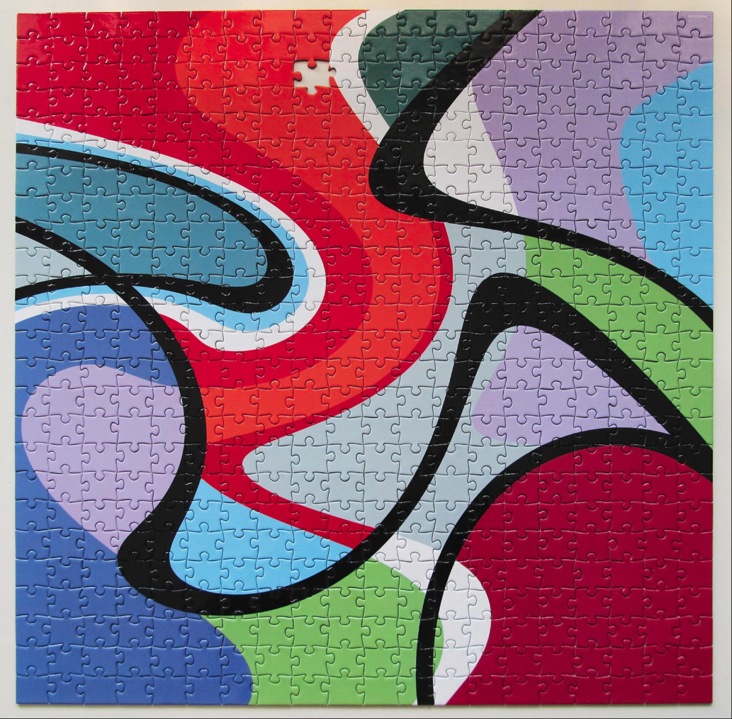 Abstract art with flowing, rounded shapes in vibrant red, blue, green, and violet separated by bold black lines.