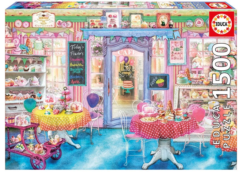 A whimsical cafe interior filled with cupcakes, pastries, and bright, colorful polka-dot tablecloths.