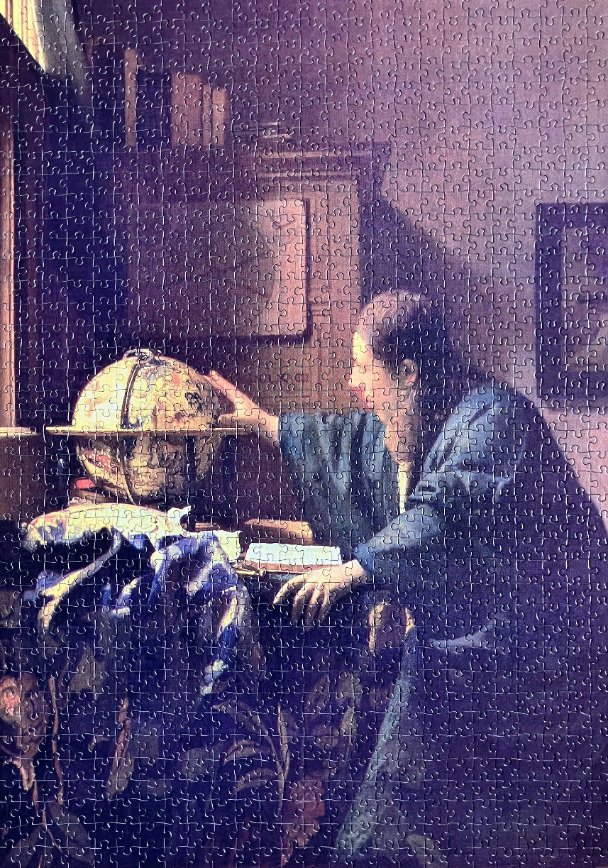 Painting of a man in 17th-century attire standing by a desk and touching a terrestrial globe.