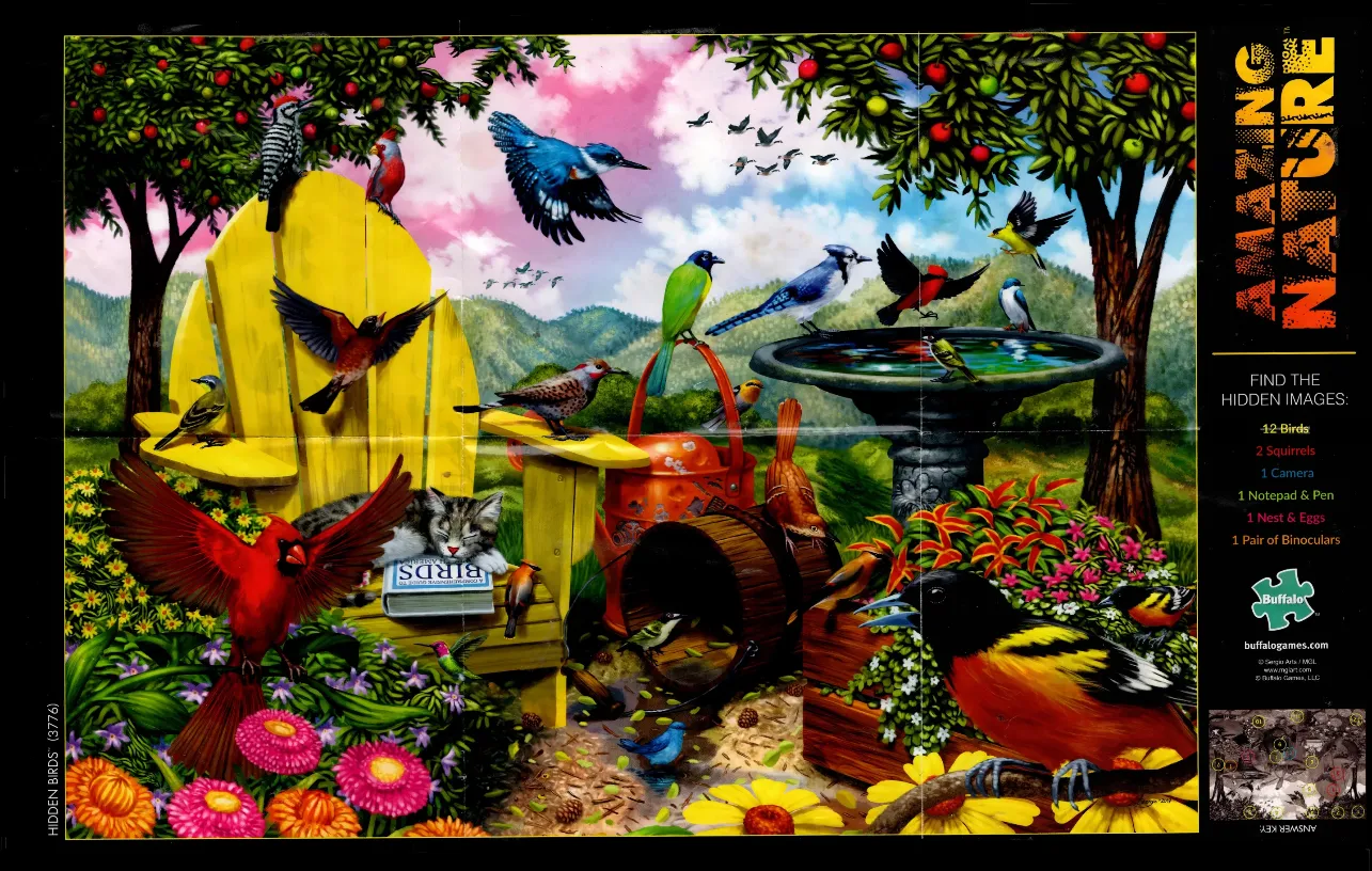 A vibrant garden scene filled with various colorful birds, a yellow Adirondack chair, and a birdbath.