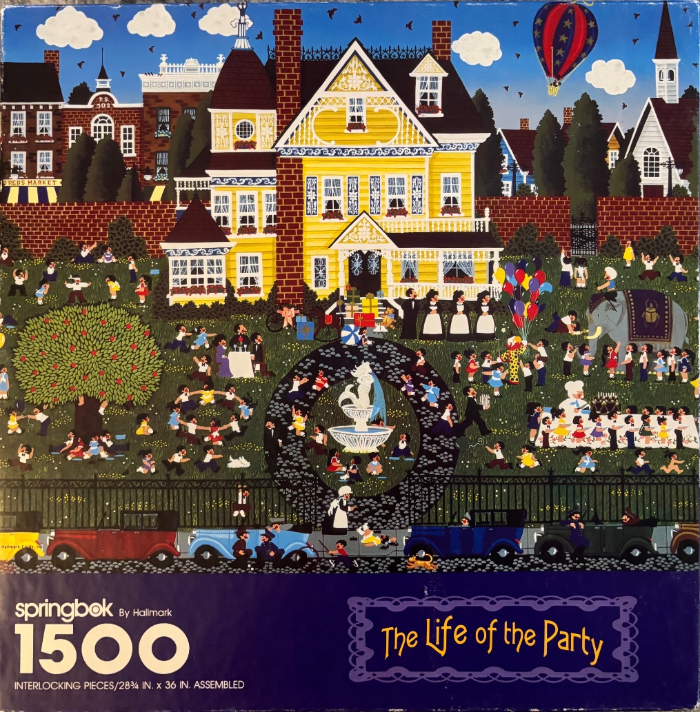 A whimsical folk art illustration of a lively garden party in front of a yellow Victorian house.