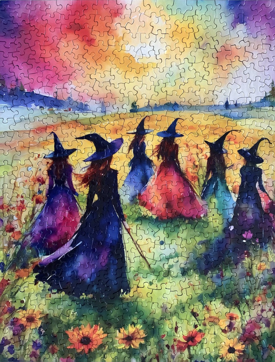 Six women wearing pointed witch hats and long dresses walking through a field of sunflowers under a vibrant sunset.