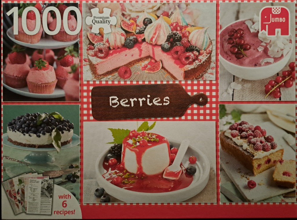 A collage of six images featuring various berry-themed desserts on a red and white checkered background.