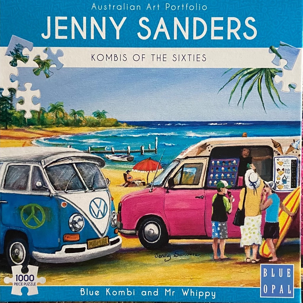 Painting of a blue vintage van and a pink ice cream truck on a sunny beach, with figures buying ice cream.