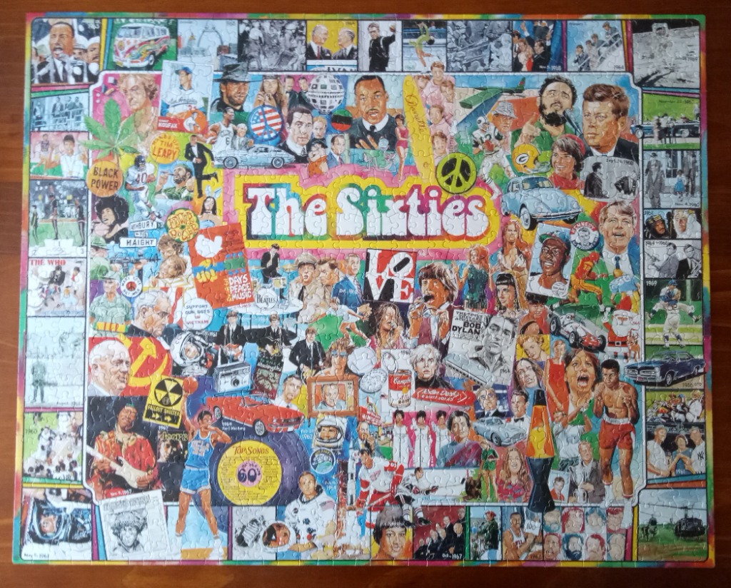 A colorful collage depicting iconic cultural, political, and historical events and figures from the 1960s.