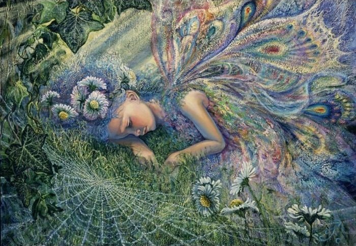 A fairy with iridescent wings sleeping among daisies and ivy, near a spiderweb.