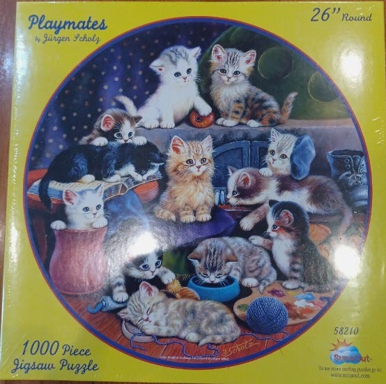 An illustration of ten fluffy kittens playing with art supplies and household items.