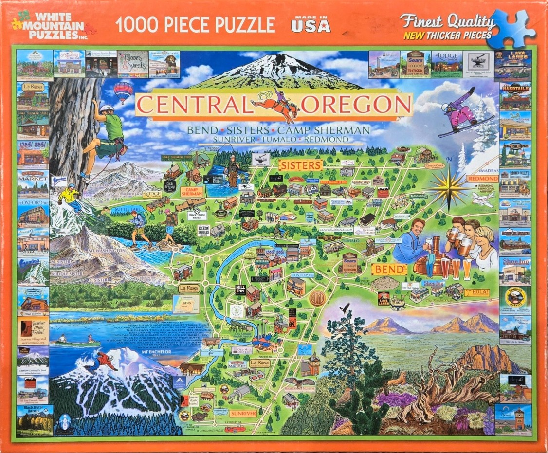 A whimsical, detailed pictorial map of Central Oregon featuring outdoor activities, local towns, and landmarks.