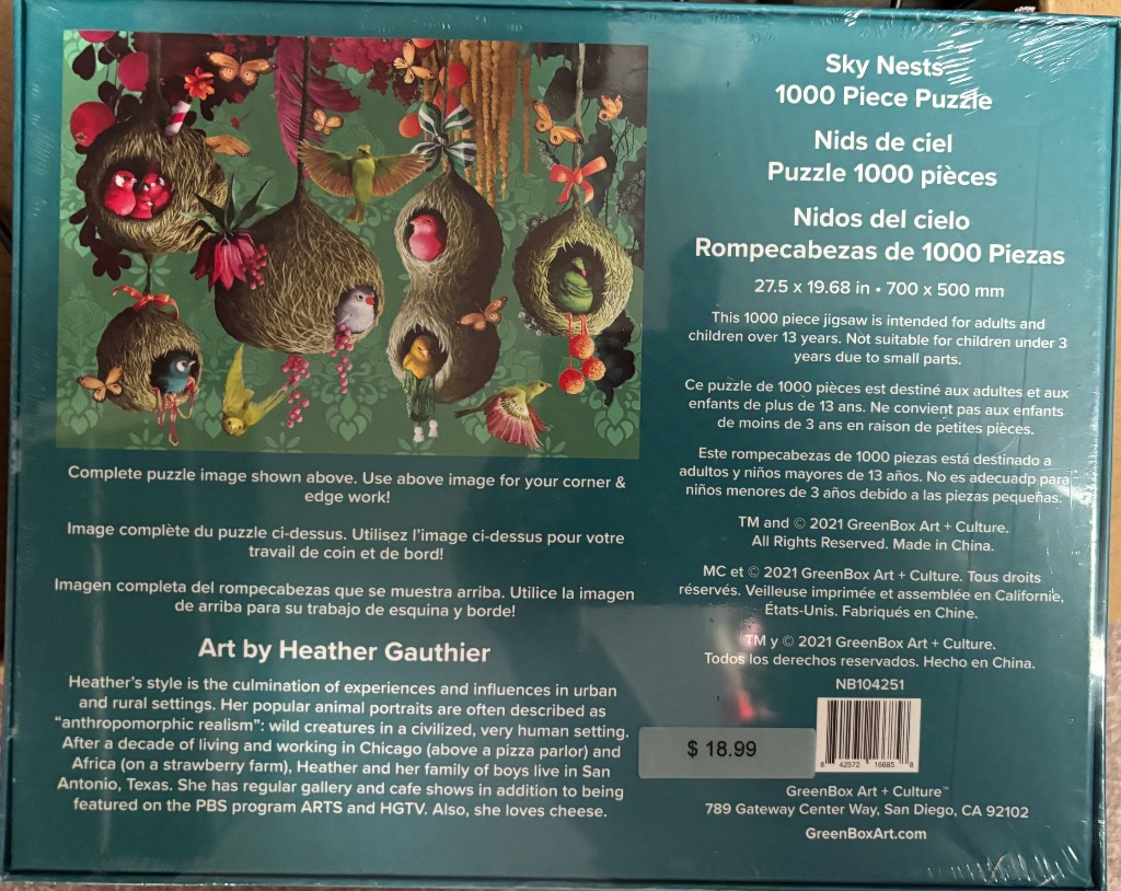 Anthropomorphic birds in nests with butterflies and lush greenery.