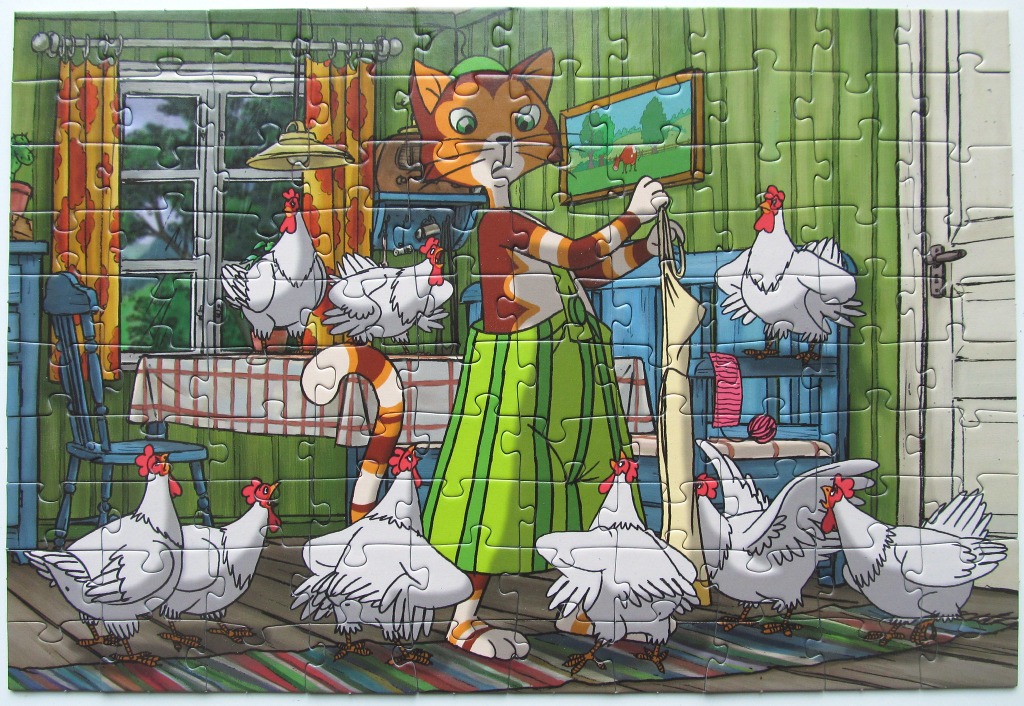 A cartoon cat in green overalls surrounded by white chickens in a cozy kitchen.
