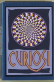 Optical illusion art of a swirling, patterned circle above the stylized text CURIOSITY on a purple and black background.
