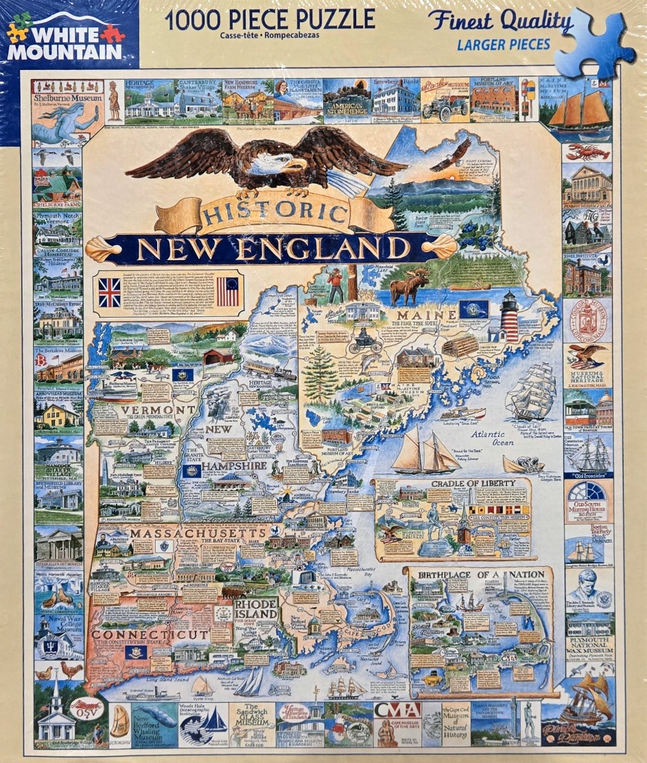 A detailed illustrated map of New England featuring state names, landmarks, and a prominent bald eagle across the top.