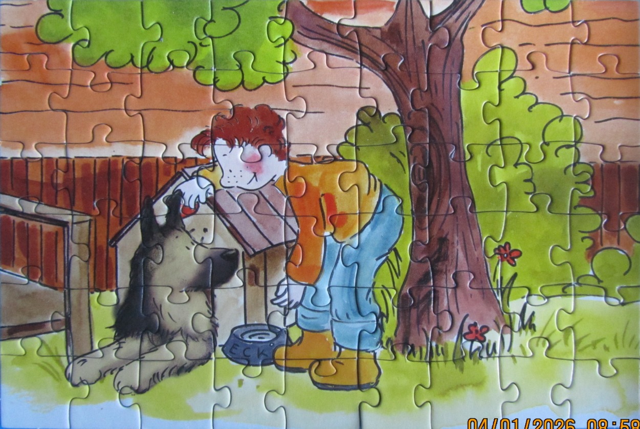 Illustration of a red-haired child feeding a dog outside a kennel by a tree.