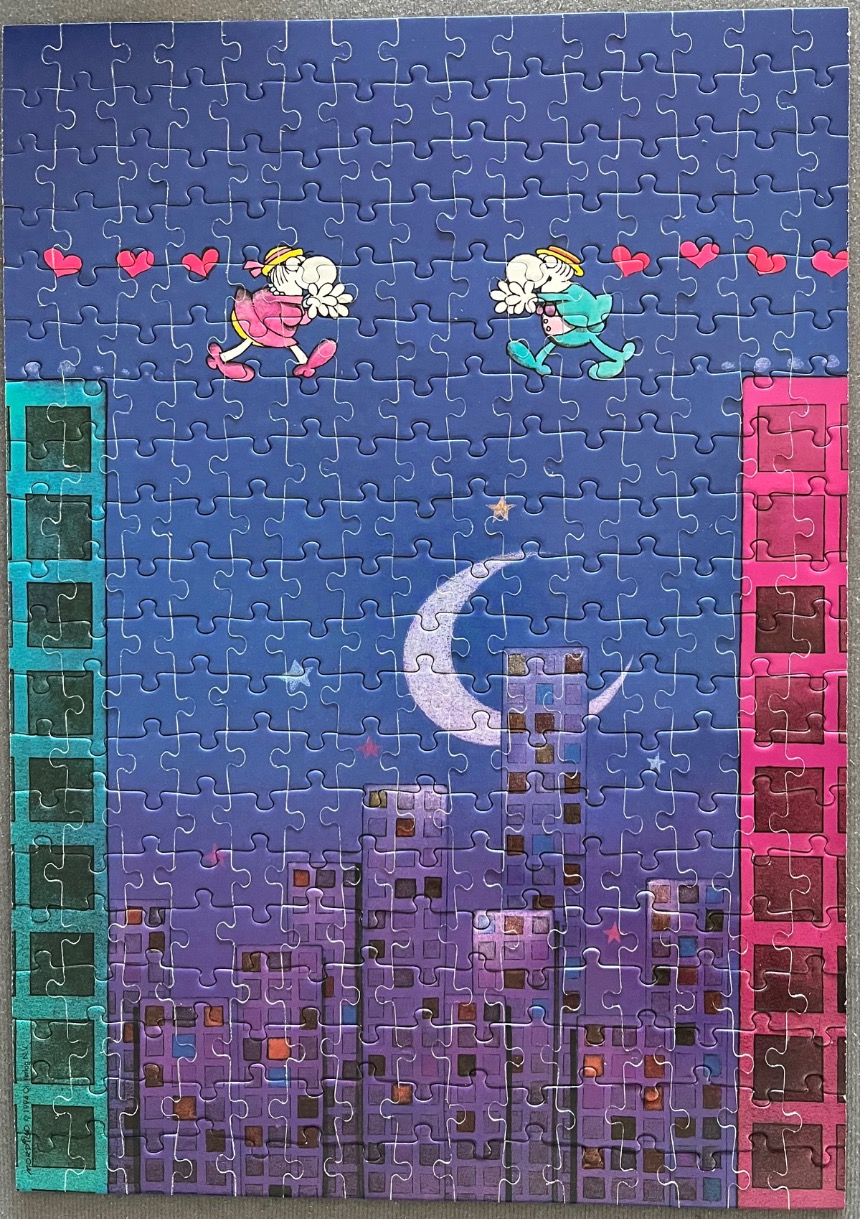 Two cartoon characters walking toward each other on a wire above a city skyline at night under a crescent moon.