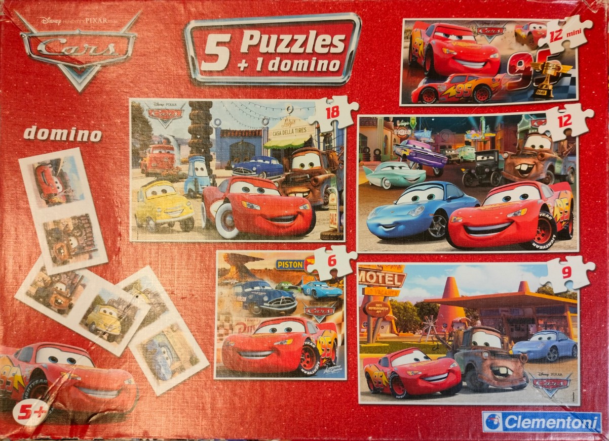 A collection of scenes featuring anthropomorphic cartoon cars, including Lightning McQueen and Mater, on a red background.