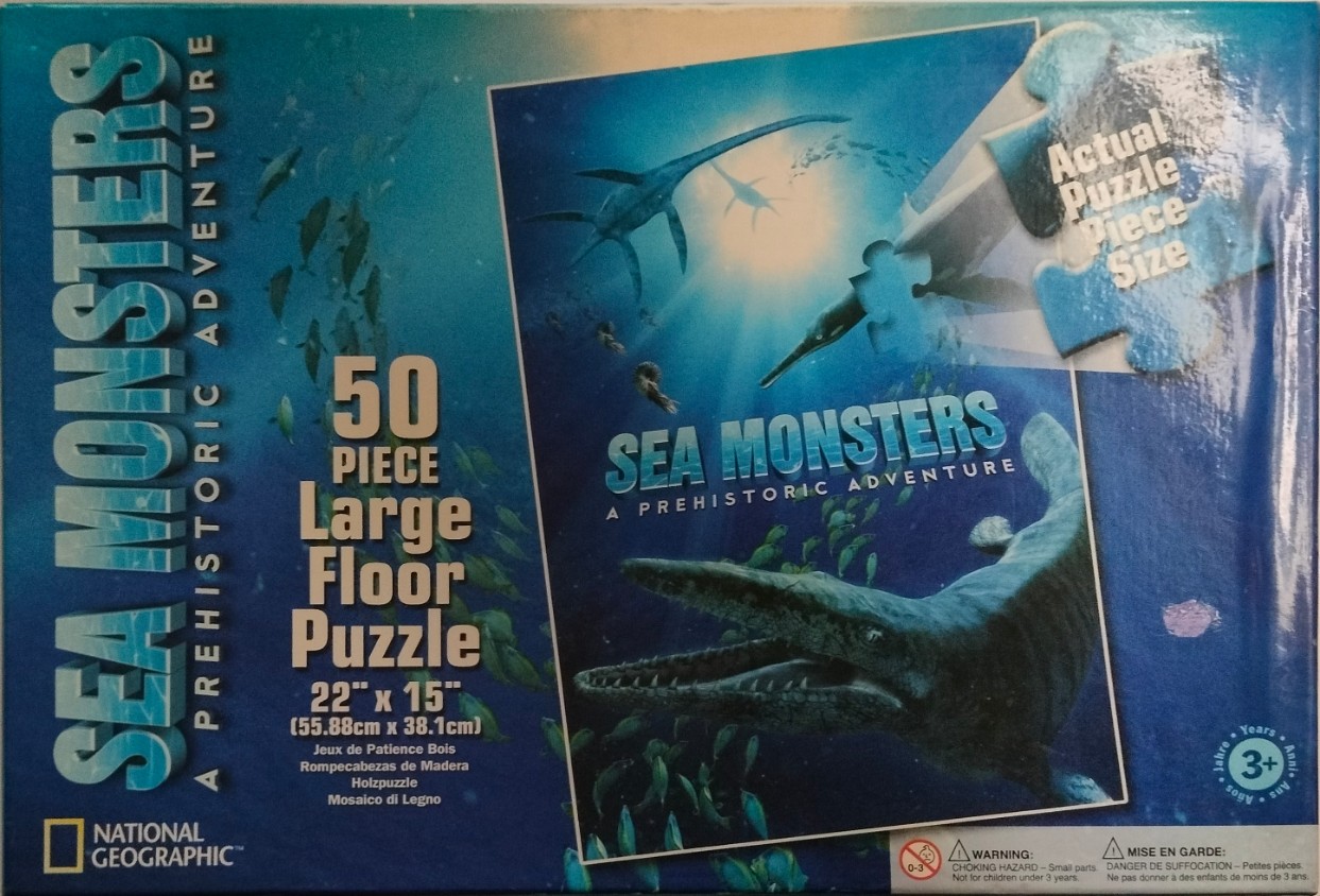 Illustration of prehistoric marine reptiles swimming in a deep blue ocean with light filtering from the surface.