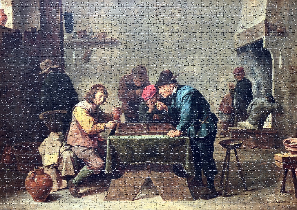 A classic oil painting depicting a group of 17th-century men gathered around a table playing a game in a dim tavern.