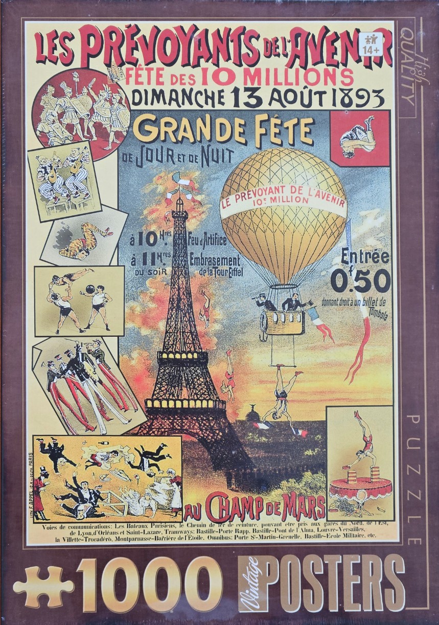 A vintage French poster advertisement for a festival featuring the Eiffel Tower and a hot air balloon.