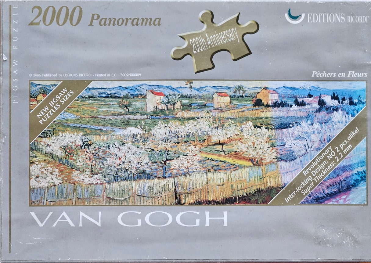 Impressionist oil painting of blossoming peach trees in a landscape by Vincent van Gogh.