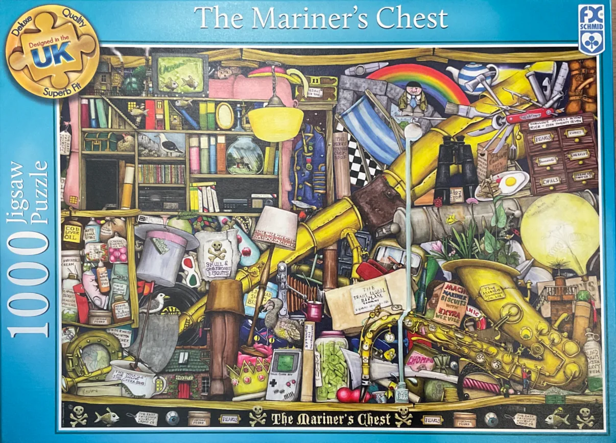 A cluttered illustration of a mariner's chest filled with eclectic objects and oddities.