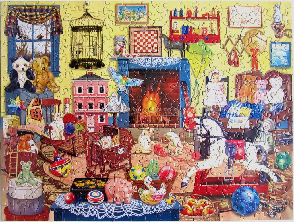 A cozy, cluttered toy-filled nursery room with a fireplace, teddy bears, and antique children’s toys.