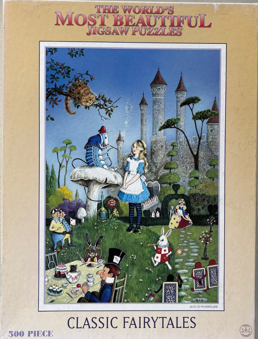 Alice in Wonderland illustration with iconic characters and a tall castle in a whimsical garden setting