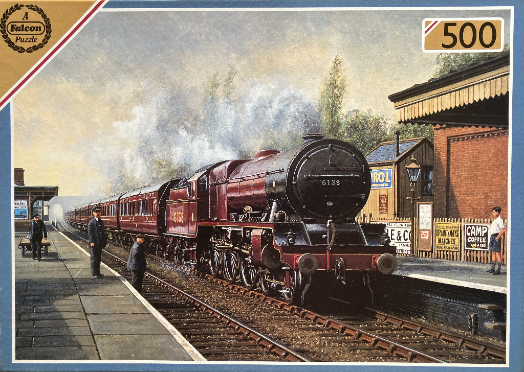 A detailed painting of a vintage maroon steam locomotive arriving at a rural train station platform.