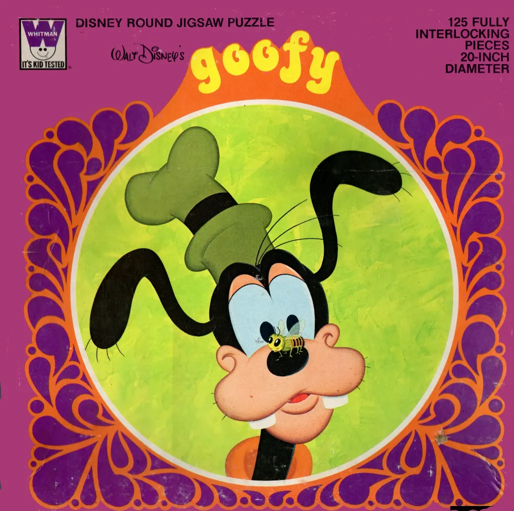 Goofy the cartoon character with a small bee on his nose, set against a vibrant green and purple background.