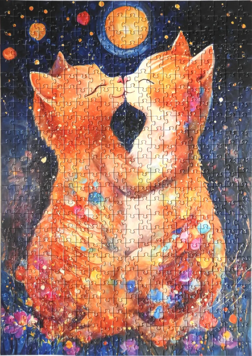 An illustration of two ginger cats embracing under a starry night sky with a large, glowing orange moon.