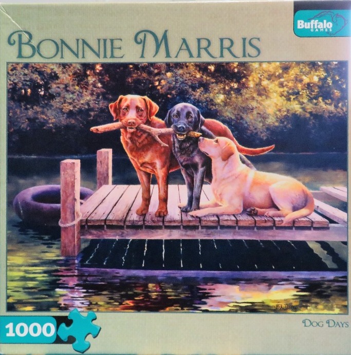 An oil painting of three Labrador retrievers of different colors standing on a wooden dock by a lake at sunset.