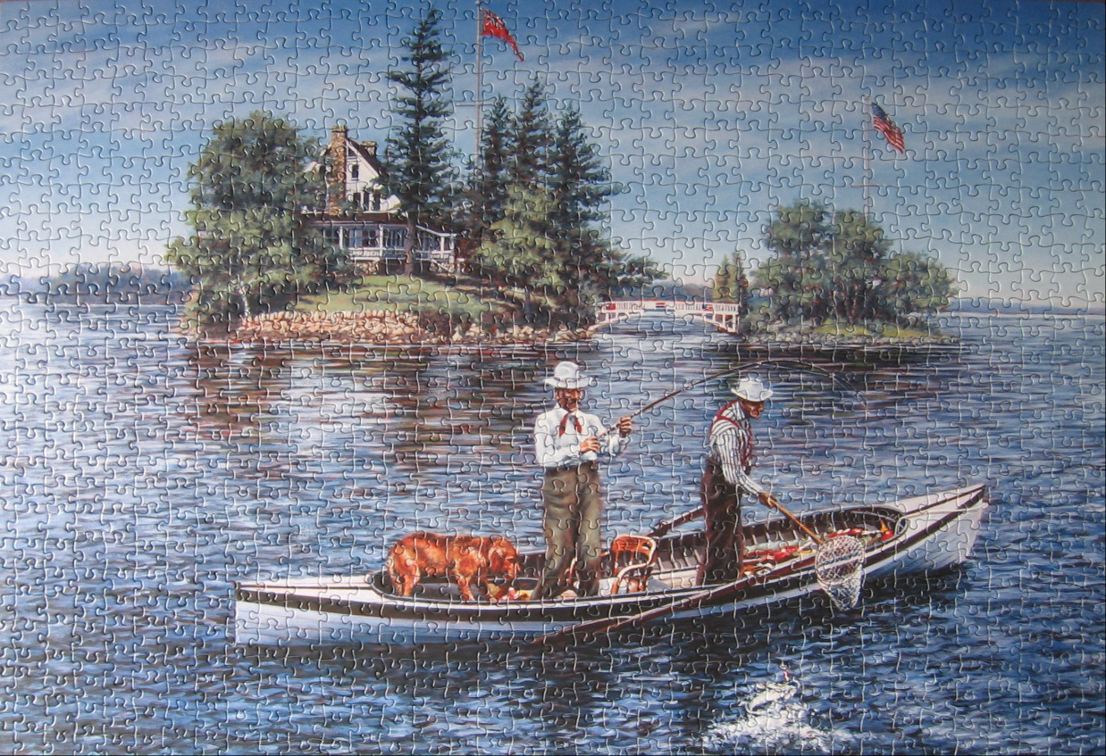 Two men and a dog fishing from a canoe in front of a lakeside island property.